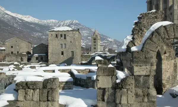 Ruins of the Roman Theatre and Church of SantOrso in Aoste Italy