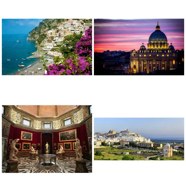 Puglia, Matera, Amalfi Coast, Rome and Florence sites Collage