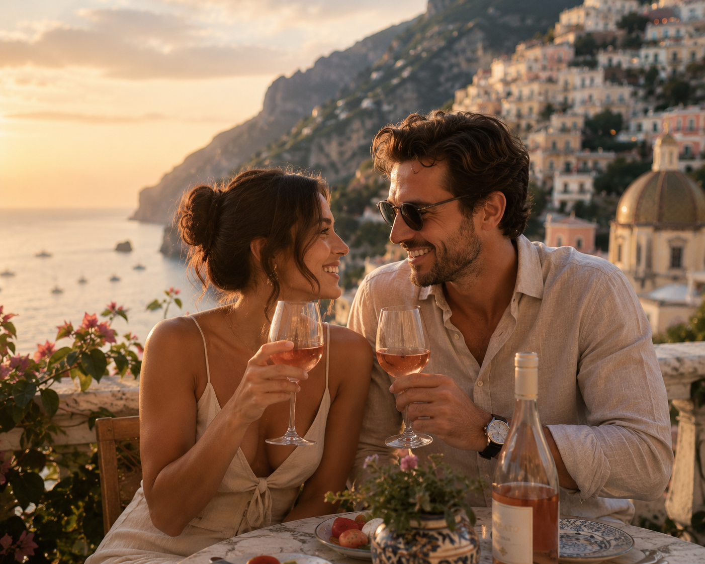 Couple enjoying rosato wine in Italy